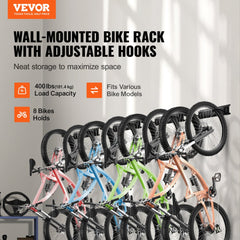 Wall-mounted bike storage rack holding eight bikes with adjustable hooks.