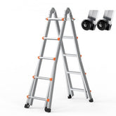 Silver aluminum telescoping A-frame ladder with orange accents, wheels, and 16.7 ft extension.