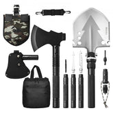 Bostome 16-in-1 camping folding shovel and axe multitool kit with adjustable handle and tools.