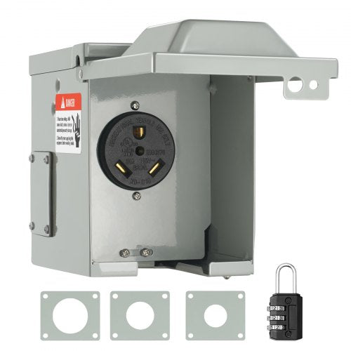 A gray, weatherproof 30 amp RV power outlet box with a lockable door and a combination padlock.