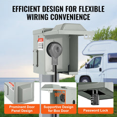 Gray weatherproof lockable RV power outlet box with 30 Amp NEMA TT-30R receptacle and open door, shown outdoors near a white RV.