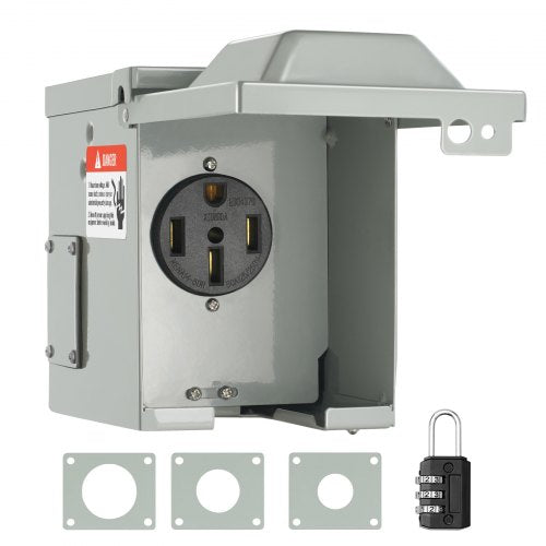 Bostome 50 Amp RV power outlet box with weatherproof enclosure and secure locking door.