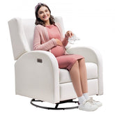 Off-white polyester power swivel glider recliner chair with ergonomic design.
