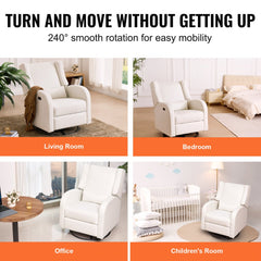 Off white polyester power swivel glider recliner chair with ergonomic design.