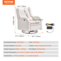 Off-white polyester power swivel glider recliner chair with ergonomic design.