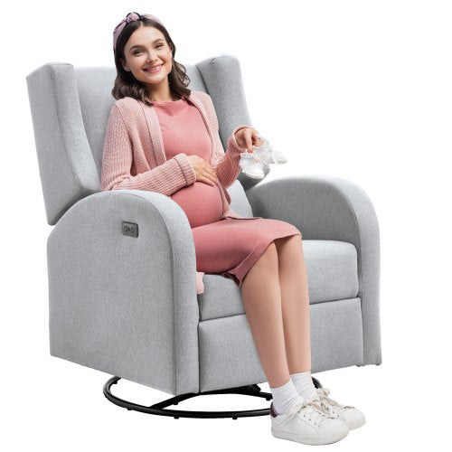 Light gray electric power recliner with swivel glider and built-in USB port.