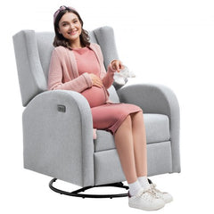Light gray electric power recliner with swivel glider and built-in USB port.