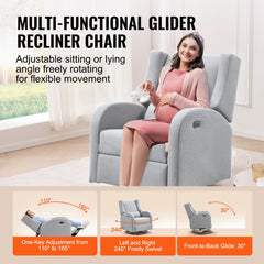 Light gray electric power recliner with swivel glider and built-in USB port.