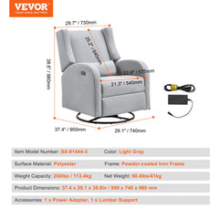 Light gray electric power recliner with USB port and swivel glider functionality.