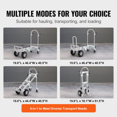 Aluminum folding hand truck with 1000 lbs capacity, four modes, and solid PU wheels.
