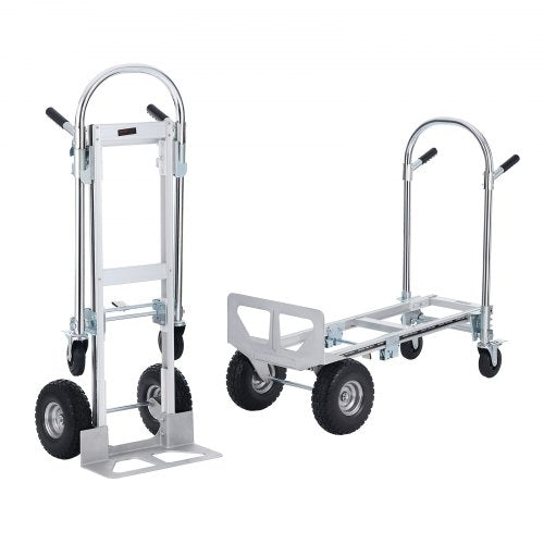 Silver aluminum folding hand truck with 2-in-1 upright and platform design, featuring large wheels.