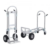 Silver aluminum folding hand truck with 2-in-1 upright and platform design, featuring large wheels.
