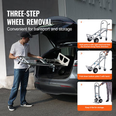 Aluminum folding hand truck in 2-in-1 design, shown folded and in use for transport.