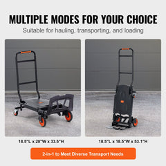 Heavy duty aluminum hand truck with folding dolly feature and 300 lbs load capacity.