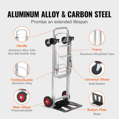 Aluminum folding hand truck with 400 lbs capacity, collapsible design, and durable rubber wheels.
