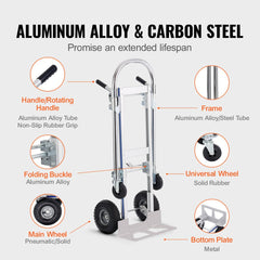Heavy duty aluminum hand truck with convertible design, supports 800 lbs, and features rubber wheels.