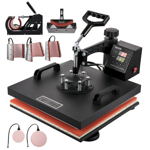 Black 15x15 inch 8-in-1 sublimation heat press machine with swing arm, digital display, and accessory platens.