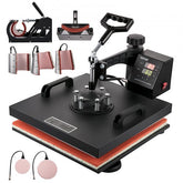 Black 15x15 inch 8-in-1 sublimation heat press machine with swing arm, digital display, and accessory platens.