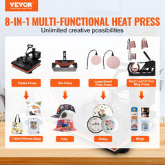 8-in-1 sublimation heat press machine with 15x15 inch platen and attachments for t-shirts, hats, plates, and mugs.