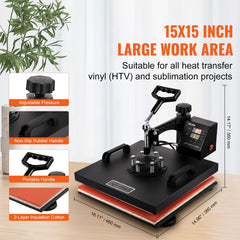 15x15 inch 8-in-1 sublimation heat press machine with digital controls and swing arm.