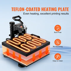 15x15 inch 8-in-1 sublimation heat press machine with Teflon-coated heating plate, swing-away arm, and digital controls.