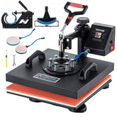5-in-1 15x15 digital clamshell heat press machine with swing arm and attachments.