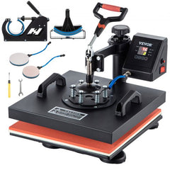 5-in-1 15x15 digital clamshell heat press machine with swing arm and attachments.