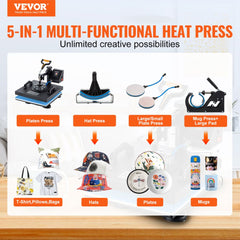 5-in-1 heat press machine with clamshell design, 15x15 platen, and attachments for hats, mugs, and plates.