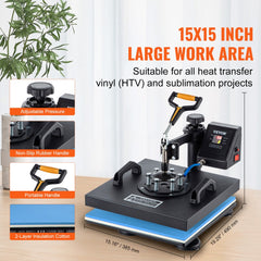 A black 15x15 inch digital clamshell heat press machine with swing arm and attachments.