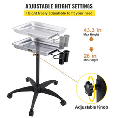 Adjustable height stainless steel salon tray with rolling casters and twist knob for height control