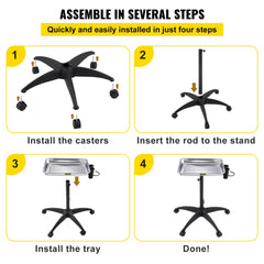 Four-step assembly diagram for adjustable height stainless steel rolling salon tray with casters, rod, and tray installation.