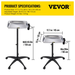 Adjustable height stainless steel rolling salon tray with measurements.