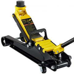 Bostome low profile steel hydraulic floor jack with single piston and rubber saddle for vehicle lifting.