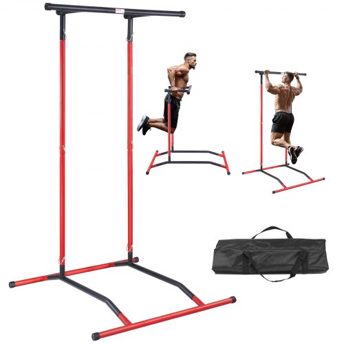 Adjustable pull-up bar dip station with rust-resistant steel and stable base for home workouts.