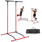 Adjustable pull-up bar dip station with rust-resistant steel and stable base for home workouts.