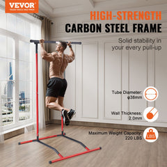 Adjustable pull-up bar dip station with rust-resistant steel and stable base for home workouts.