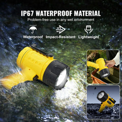 Rechargeable spotlight flashlight with 1,000,000 lumens and IP67 waterproof rating.