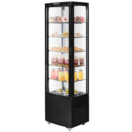 Refrigerated bakery display case with five adjustable shelves and LED lighting for visibility.