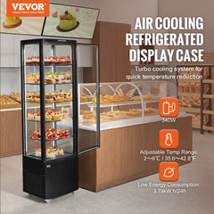 Refrigerated bakery display case with five adjustable shelves and LED lighting.