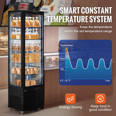 Refrigerated bakery display case with five adjustable shelves and LED lighting for visibility.