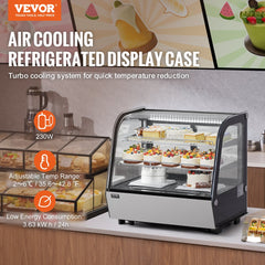 Refrigerated bakery display case with two tiers, LED lights, and tempered glass doors.