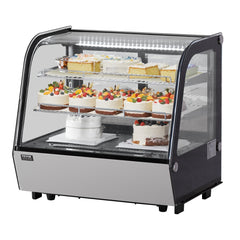 Refrigerated bakery display case with two tiers, LED lighting, and tempered glass for visibility.