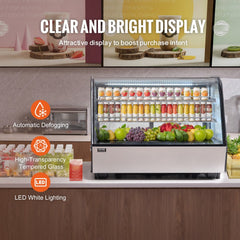 Two-tier refrigerated bakery display case with LED lighting and tempered glass door.