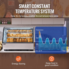 Bostome 5 cu ft 2-tier refrigerated bakery display case with temperature graph and energy-saving icons.