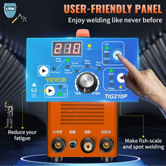 Bostome 210A TIG welder with dual voltage, featuring HF TIG, Stick, and Clean modes.
