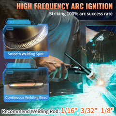 Bostome 210A TIG welder with dual voltage, HF TIG, Stick, and Clean modes for versatile welding.