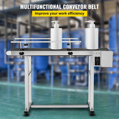 A stainless steel motorized belt conveyor measuring 59x7.8 inches with double guardrails and a PVC belt.