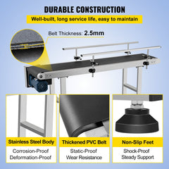 Stainless steel motorized belt conveyor, 59x7.8 inches, with double guardrails and 2.5mm PVC belt.