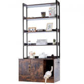 Dark brown cat litter box enclosure with 4 shelves and magnetic doors for easy access.