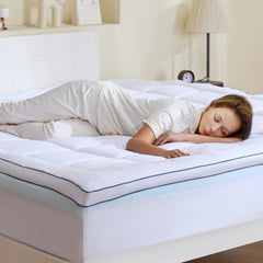 Bostome King 4" cooling gel memory foam mattress topper with fiber fill and removable cover.